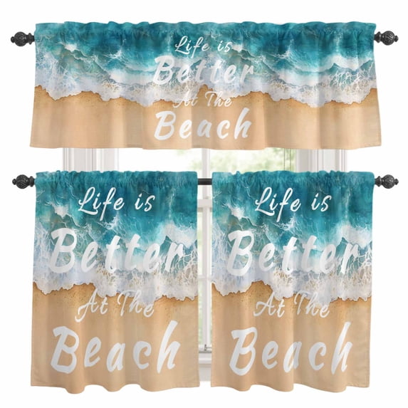 Summer Kitchen Curtains Valances and Tiers Set of 3 Life Is Better At The Blue Beach Beach Ocean Tier Curtains and Valance with Rod Pocket for Small Windows, 27.5"x24"