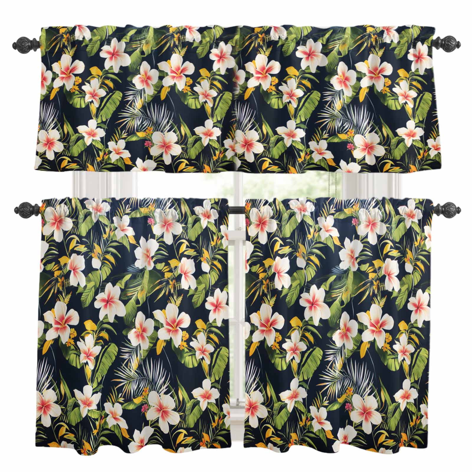 Summer Kitchen Curtains Valances and Tiers Set of 3 Green Plant White ...