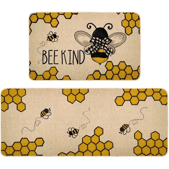 Summer Kitchen Decor Mats Set of 2, Non-Slip Absorbent Rug and Door Mats, Seasonal Yellowe Bee Kind Sign Kitchen Floor Mat 17x30 and 17x47 Inch DM151