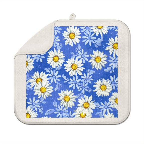 Summer Kitchen Dish Drying Mat with Daisy Pattern Microfiber Drainer Pad for Dishes Absorbent Floral Rack Mat Foldable 16x18 Inch