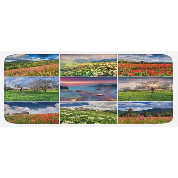 Summer Kitchen Mat, Collage with 9 Different Square Framed Freshening Summer Landscapes Rural Nature, Plush Decorative Kitchen Mat with Non Slip Backing, 47" X 19", Multicolor, by Ambesonne