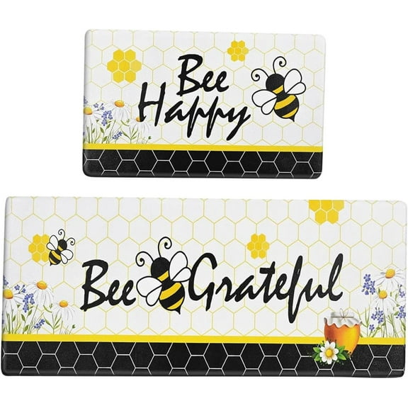 Summer Kitchen Mats Set of 2, Bee Day Sunflower Kitchen Rugs Mats with Bee Gnomes Sunflowers Washable Non Slip Kitchen Laundry Floor Mats for Home Decorations (Set J)