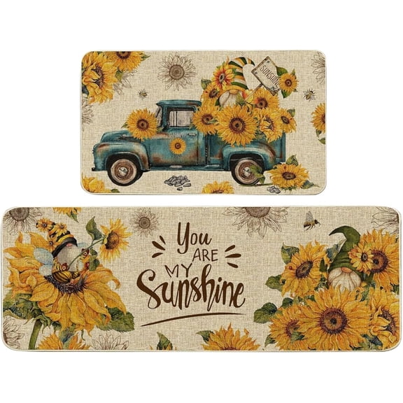 Summer Kitchen Mats Set of 2, Bee Day Sunflower Kitchen Rugs Mats with Bee Gnomes Sunflowers Washable Non Slip Kitchen Laundry Floor Mats for Home Decorations (Set L)