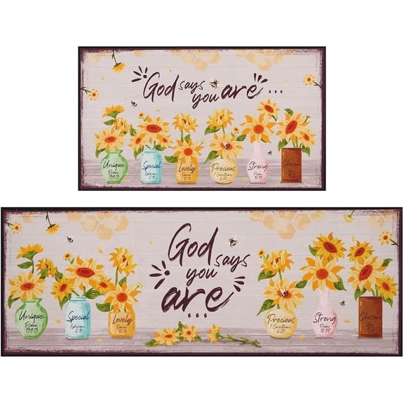 Summer Kitchen Mats Set of 2, Bee Day Sunflower Kitchen Rugs Mats with Bee Gnomes Sunflowers Washable Non Slip Kitchen Laundry Floor Mats for Home Decorations (Set D)