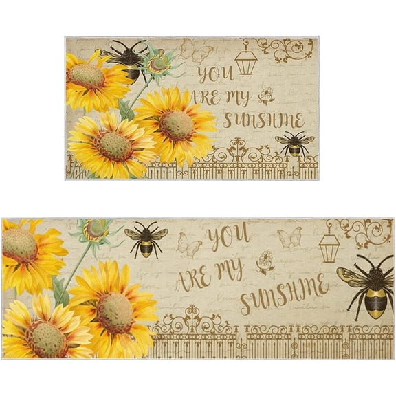 Summer Kitchen Mats Set of 2, Bee Day Sunflower Kitchen Rugs Mats with Bee Gnomes Sunflowers Washable Non Slip Kitchen Laundry Floor Mats for Home Decorations (Set O)