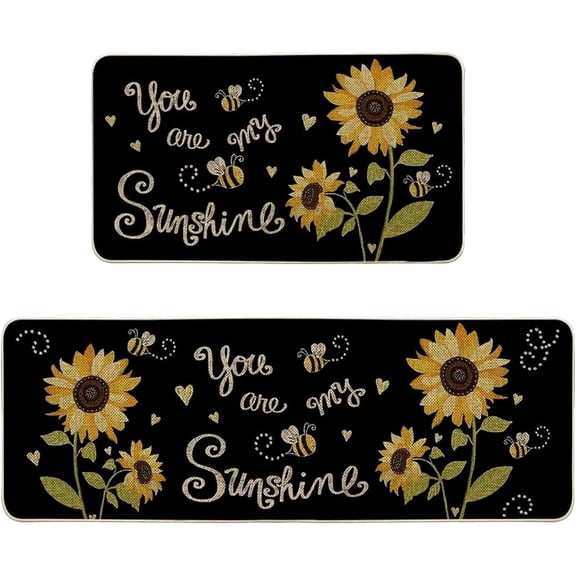 Summer Kitchen Mats Set of 2, Bee Day Sunflower Kitchen Rugs Mats with Bee Gnomes Sunflowers Washable Non Slip Kitchen Laundry Floor Mats for Home Decorations (Set R)