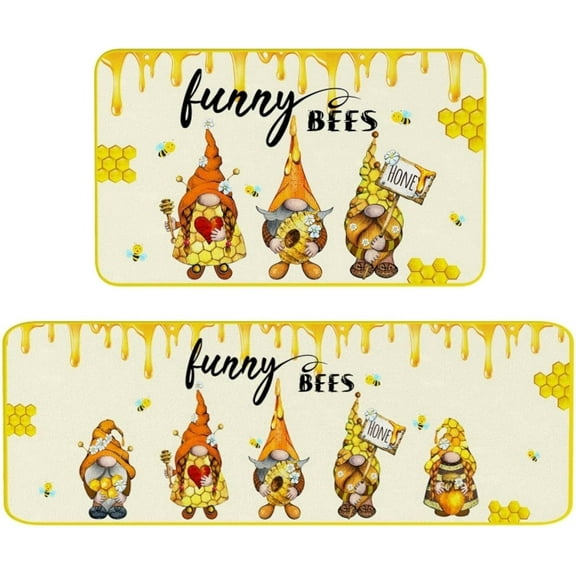Summer Kitchen Mats Set of 2, Bee Day Sunflower Kitchen Rugs Mats with Bee Gnomes Sunflowers Washable Non Slip Kitchen Laundry Floor Mats for Home Decorations (Set A)