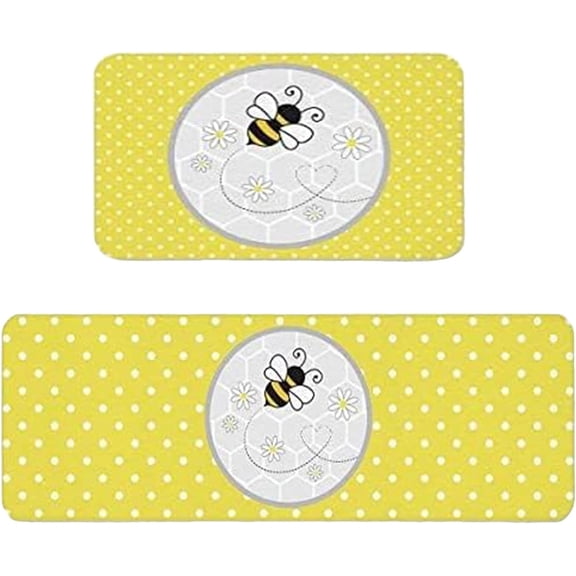 Summer Kitchen Mats Set of 2, Bee Day Sunflower Kitchen Rugs Mats with Bee Gnomes Sunflowers Washable Non Slip Kitchen Laundry Floor Mats for Home Decorations (Set N)