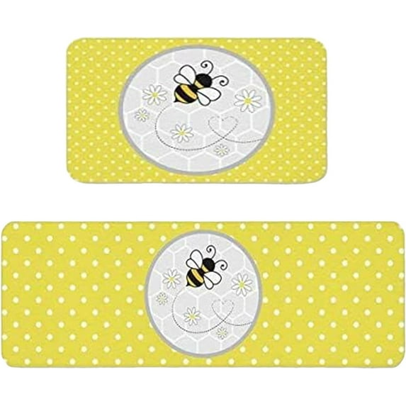 Summer Kitchen Mats Set of 2, Bee Day Sunflower Kitchen Rugs Mats with Bee Gnomes Sunflowers Washable Non Slip Kitchen Laundry Floor Mats for Home Decorations (Set N)