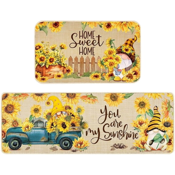 Summer Kitchen Mats Set of 2, Bee Day Sunflower Kitchen Rugs Mats with Bee Gnomes Sunflowers Washable Non Slip Kitchen Laundry Floor Mats for Home Decorations (Set F)