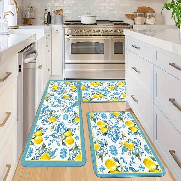 Summer Kitchen Mats Set of 3, Lemon Print Anti-Slip Rugs, Soft Flannel Floor Mats for Kitchen Bathroom Living Room Bedroom Entrance Corridor