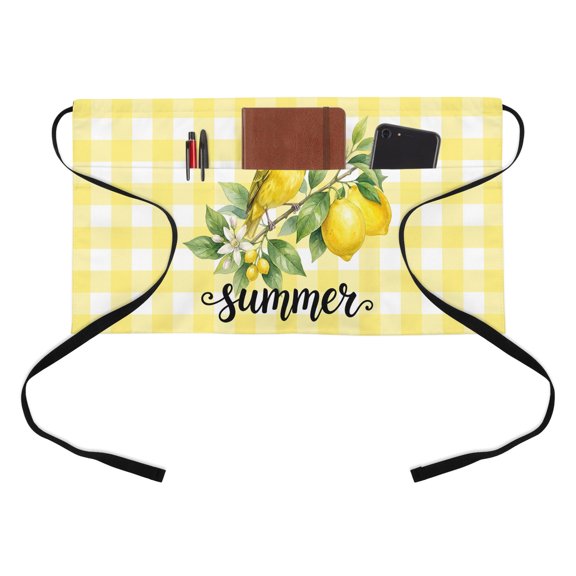 Summer Kitchen Restaurant Half Waist Apron, Yellow Birds on Lemon Branches Buffalo Plaid Pastoral Server Short Apron with 3 Pockets Waterproof Oil Waist Aprons for Women Waitress Waiter