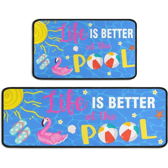 Summer Kitchen Rugs and Mats for Floor, Summer Decorations for Home, 2 Pcs Non-Slip Backing Life is Better at The Pool Mat Rug Sets with Runner 17"x47.2"+17"x30"
