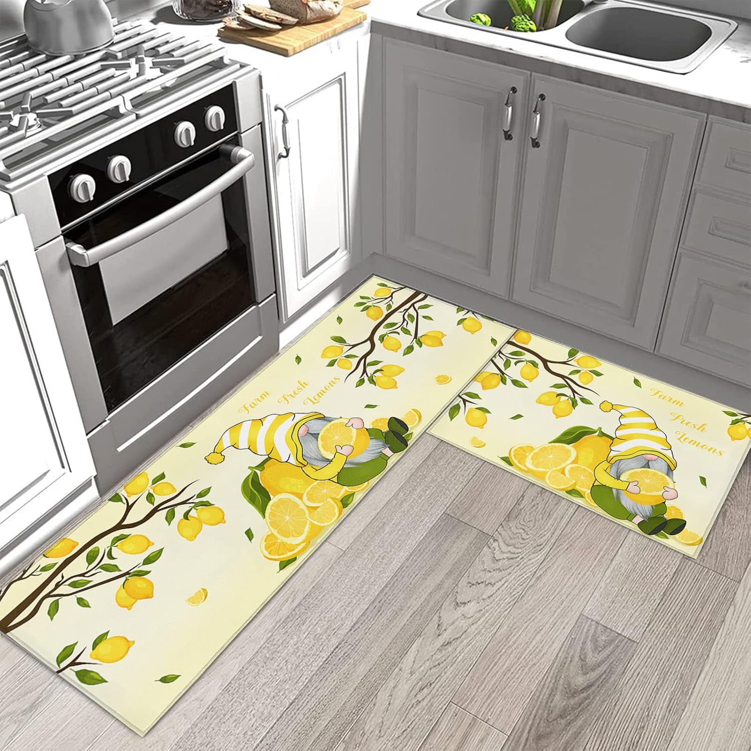 Summer Kitchen Rugs and Mats Set of 2, Farm Yellow Lemon and Gnome Elf Non-Slip Floor Doormat Comfort Area Runner Rug and Mat, Rural Fruits Tree Branch Indoor Entrance Carpet Home Decor