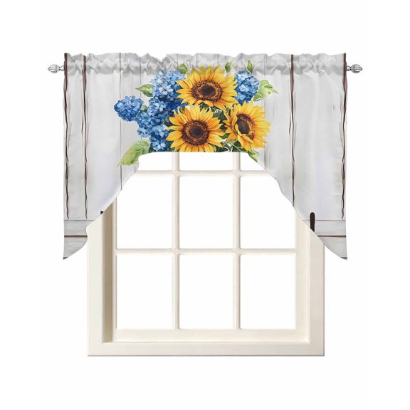 Summer Kitchen Swag Valances for Windows, Blue Flower Bottle Yellow Floral Wooden Grain Swag Valances Curtains for Living Room, Rod Pocket Window Treatments for Bathroom, Bedroom, Cafe, 56"x36"