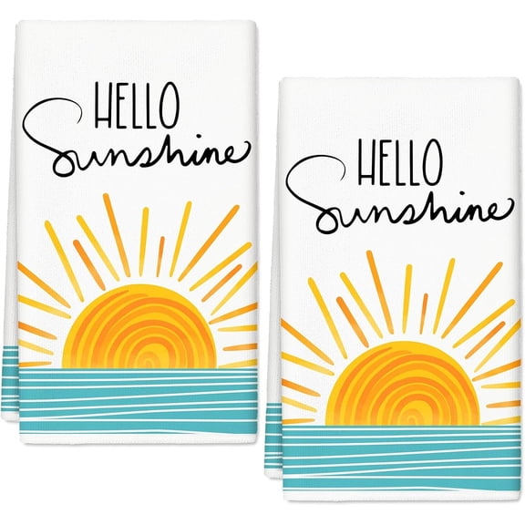 Summer Kitchen Towel 18 x 26 Inch Hello Sunshine Sun Dish Towel Sunrise Ocean Hand Drying Tea Towel Cooking Baking Cloth for Hawaii Party Home Kitchen Supplies, 2Pcs