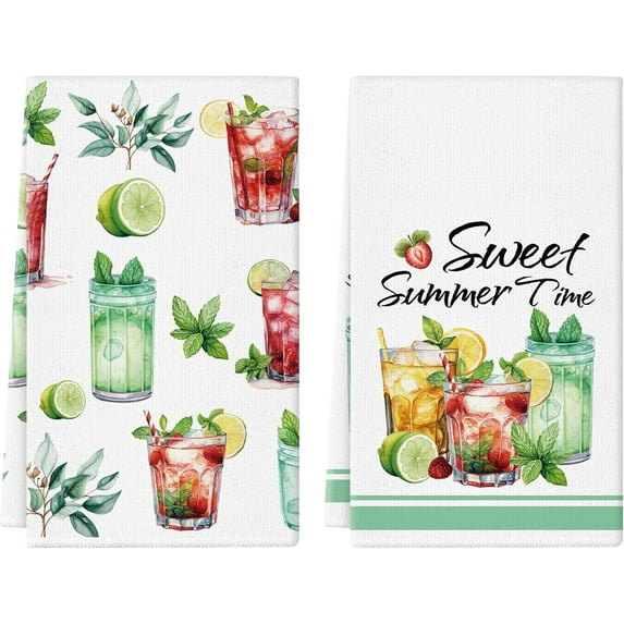 Summer Kitchen Towels 18x26 Inch Drink Lemon Leaf Sweet Summer Time Dish Towel Absorbent Hand Towels Home Kitchen Decoration Set of 2