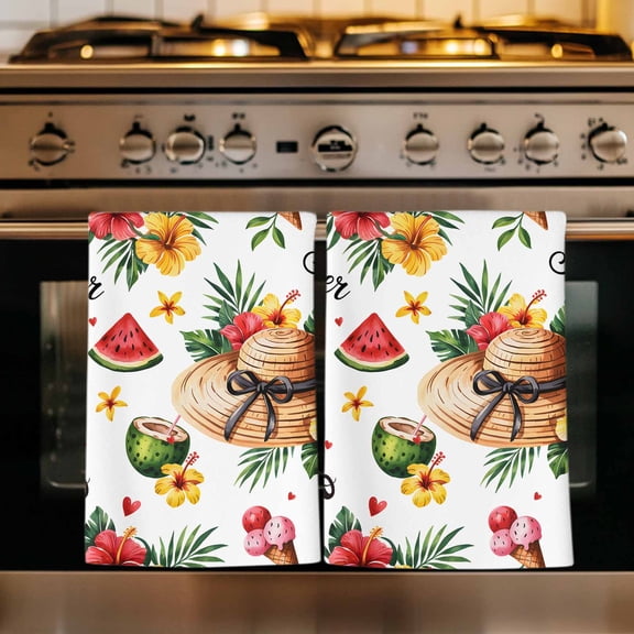 Summer Kitchen Towels Set of 2, Tropical Plants Watermelon Coconut Straw Hat Absorbent Dish Towels for Kitchen, Microfiber Hand Towel, Quick Drying Tea Towel for Cleaning Decorative Dishcloths