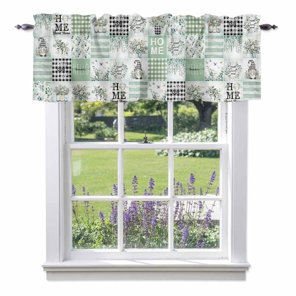 Summer Kitchen Valances, Green Eucalyptus Leaves Gnome Buffalo Plaid Patchwork Rod Pocket Window Valance 18 Inch Long, Window Curtain Panels for Living Room Bedroom Laundry, 54x18in
