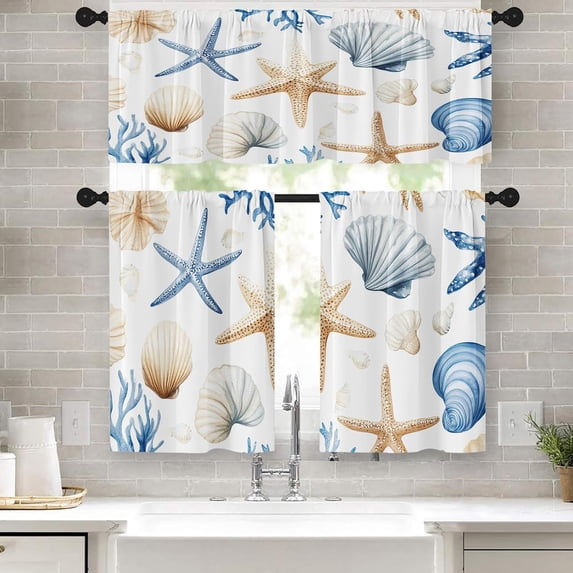 Summer Kitchen Window Curtains Valance and Tier Set 36 Inch, Seashells Starfish Coral Rod Pocket Short Tier Curtain for Bathroom, Watercolor Small Cafe Drapes for Kitchen Decor