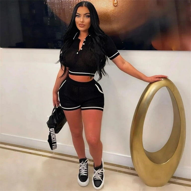 Summer Knit Shorts Set Women Polo-neck Short Sleeve Crop Tops