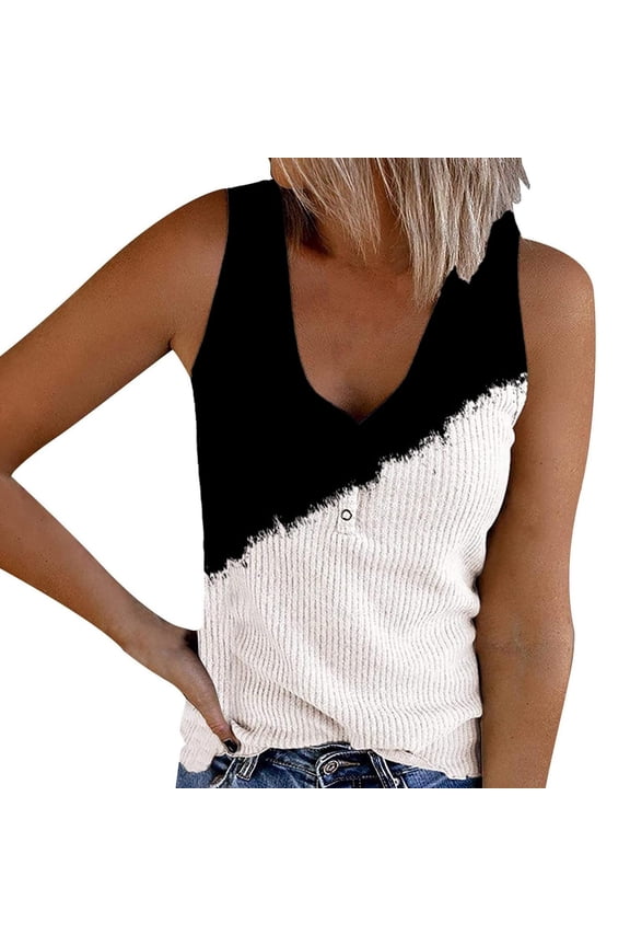 Summer Knit Tank Top Casual Sleeveless Shirt V-Neck Color Block Plus Size Slim Ribbed Tanks