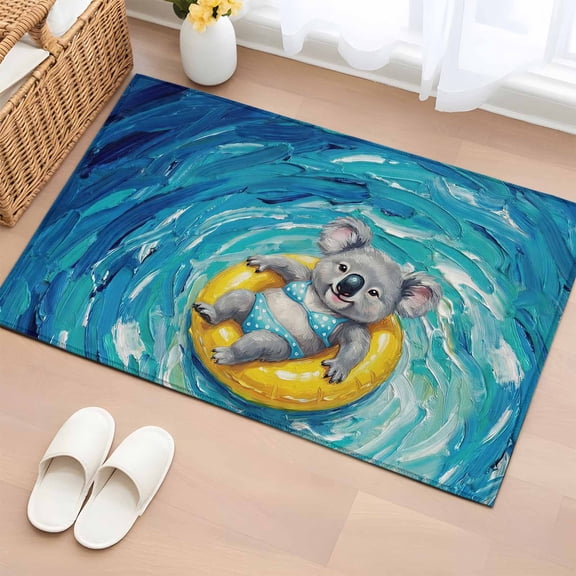 Summer Koala Entryway Rug 2'x3' Non Slip Front Door Mats, Blue Ocean Oil Painting Swimming Ring Entrance Rugs Indoor Outdoor Carpet, Washable Floor Mats Small Area Rug for Bedroom Kitchen