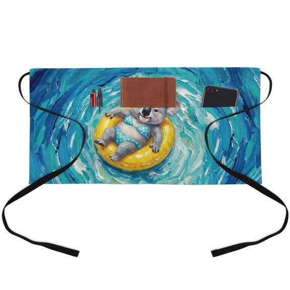 Summer Koala Waitress Apron with 3 Pockets, Blue Ocean Oil Painting Swimming Ring Server Aprons Waterproof Kitchen Restaurant Half Waist Apron for Men Women