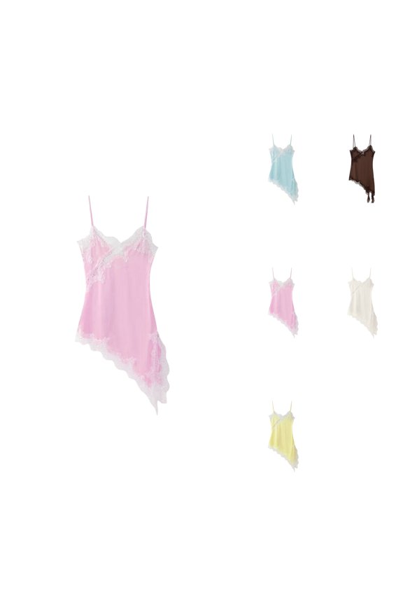 Summer Lace Asymmetrical Spaghetti Strap Mini Dress Flowy Boho A-Line Casual Backless Party Sundress with Ruffle Hem Tie Back for Date Night