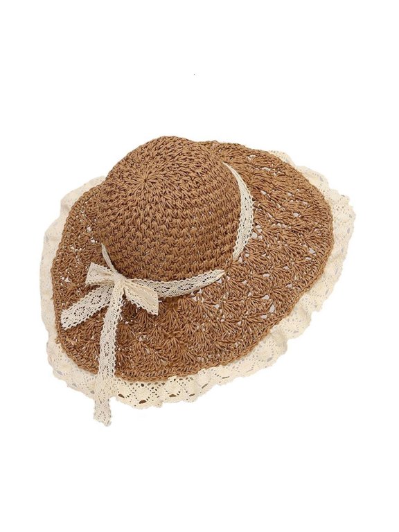 Summer Lace Bowknot Pineapple Sun Hat For Women Fashion Wide Brims Straw Caps