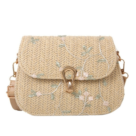 Yucurem Summer Lace Flower Crossbody Bag Straw Beach Woven Purse Handbag (Khaki)