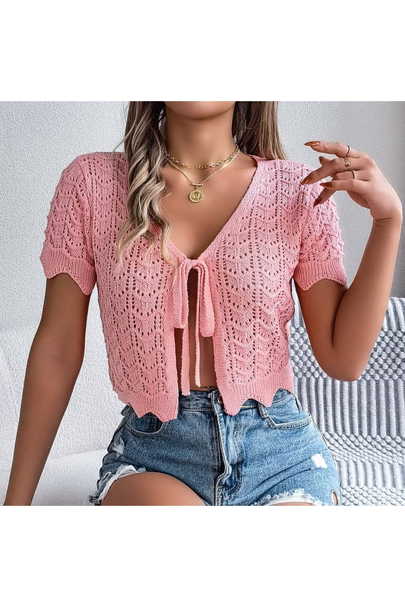 Summer Lace Up Hollowed Out Short Sleeved Knitted Cardigan Vacation Navel Sun Shirt Thin plus Size Cardigans Sweater Duster Light Weight Sweaters Moth Cardigan Thin Sweater Cardigan Sweater Formal
