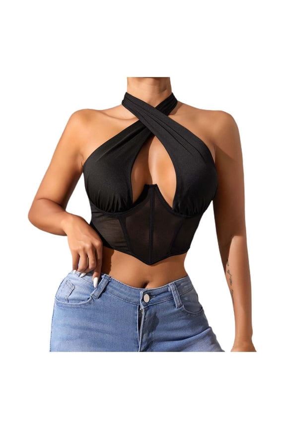 Summer Lace Patchwork Women's Tie Backless Crop Top Plus Size Tops Flowy Boho Blouse Casual Fashion Tee