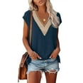thumbnail image 1 of Summer Lace Short Sleeve V Neck T Shirts for Women Blue Tops Solid Color V-Neck Cap Womens Trendy Tank Floral Print Loose Fit L, 1 of 6