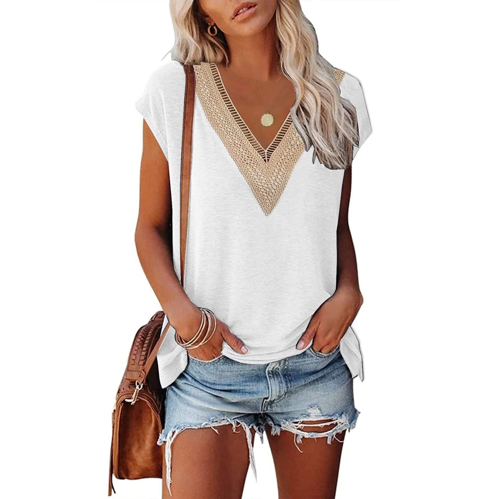 Summer Lace Short Sleeve V Neck T Shirts for Women White Tops Solid ...