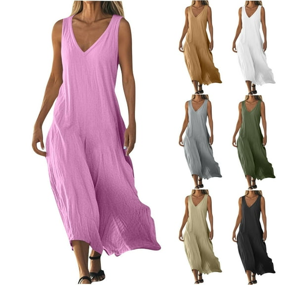Summer Ladies' Long Dress Pink Sleeveless V-neck Cotton and Linen Solid Color Tank Dress Beach Floral Tshirt Sundress S
