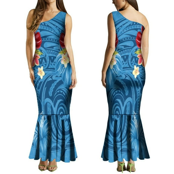 Summer Ladies Long Dress Polynesian Dress Sexy Sleeveless One-Shoulder Dress Elegant Flounce Skirt Maxi Dress 2024