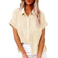thumbnail image 1 of Summer Ladies Loose Lapel Rolled Short Sleeve Button Down Blouse Tee Top, 1 of 2