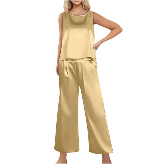 Summer Ladies Nightwear Clearance AKAFMK Sleepwear for Women Pajama Set,Women's Silk Satin Pajama 2 Piece Outfits Sleeveless Tank Crop Top And Wide Leg Pants Set With Pockets