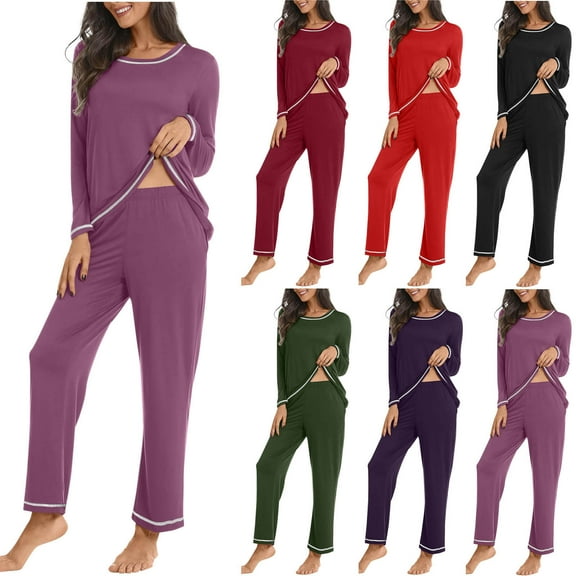 Ladies Nightwear Akafmk Women's Pajama Sets, Cotton Pajamas for Women Set, Fashion Woman Casual Solid Round Neck Home Top Long Sleeve Top Long Pant Pajama Set
