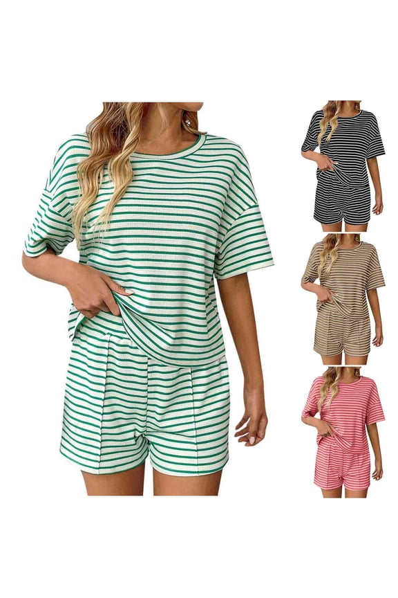 Ladies Nightwear Akafmk Women's Pajama Sets, Cotton Pajamas for Women Set, Women Fashion Casual Round Neck Striped Short-sleeved Shirt Elastic Waist Shorts Home Pajamas Suit
