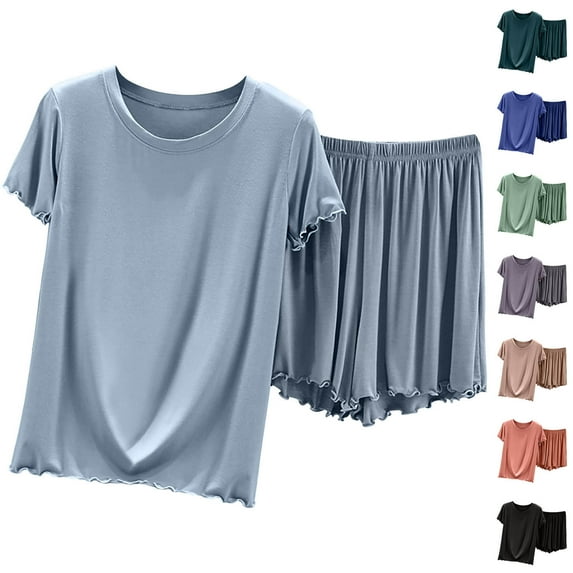 Summer Ladies Nightwear Clearance Akafmk Women's Pajama Sets, Cotton Pajamas for Women Set, Women Fashion Loose Flash Short Sleeve T-shirt High Waist Shorts Two-piece Home Casual Pajamas Suit