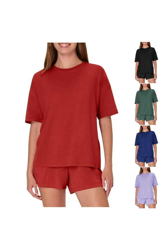 Ladies Nightwear Akafmk Women's Pajama Sets, Cotton Pajamas for Women Set, Women's Casual Loose Solid Color Round Neck Short Sleeved Shorts Pajamas Suit