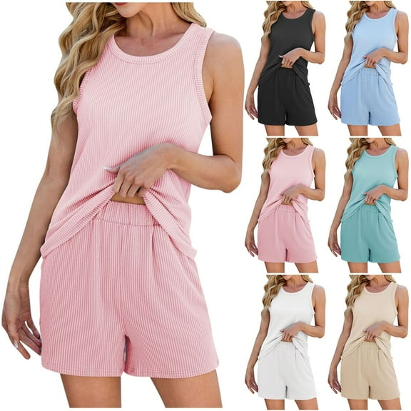 Ladies Nightwear Akafmk Women's Pajama Sets, Cotton Pajamas for Women Set, Women's Fashion Casual Spring and Summer Solid Color Round Neck Sleeveless Top Pocket Shorts Suits