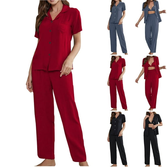 Summer Ladies Nightwear Akafmk Women's Pajama Sets,Cotton Pajamas for Women Set,Women's Home Clothes 3-Piece Set Thin Casual Short Sleeve Pants Home Sleepwear Women