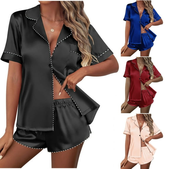 Summer Ladies Nightwear Akafmk Women's Pajama Sets,Silk Pajamas for Women Set,Women's Pajama Set Short Sleeve Satin Pajama Set Buckle Pajama Home Clothes