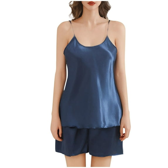 Summer Ladies Nightwear Akafmk Women's Pajama Sets,Silk Pajamas for Women Set,Womens Solid Color Sleepwear Two-piece Set with Suspender Shorts Home Wear Set Sleepwear Set