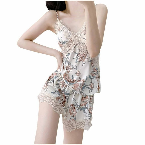 Summer Ladies Nightwear Akafmk Women's Pajama Sets,Silk Pajamas for Women Set,Ladies' Printed Lace Adjustable Camisole Shorts Pajama Set