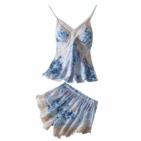 Ladies Nightwear Akafmk Women's Pajama Sets, Silk Pajamas for Women Set, Ladies' Printed Lace Adjustable Camisole Shorts Pajama Set