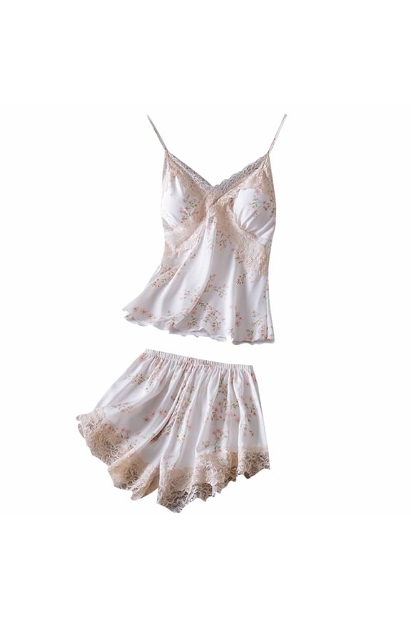 Ladies Nightwear Akafmk Women's Pajama Sets, Silk Pajamas for Women Set, Ladies' Printed Lace Adjustable Camisole Shorts Pajama Set